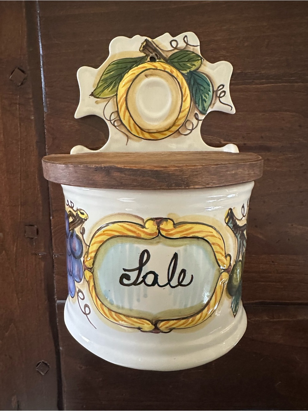 Salt keeper, made in Italy, hand painted, wood lid, BEAUTIFUL